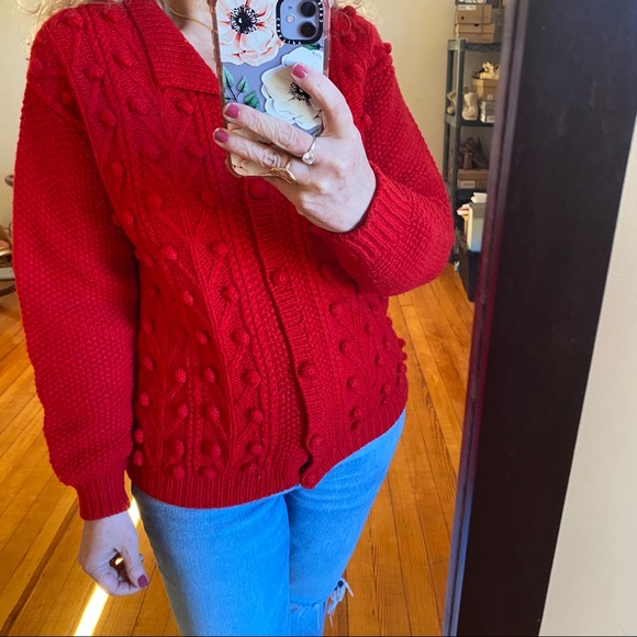Vintage Sweaters - Vintage 100% Shetland Wool Red Chunky Cardigan